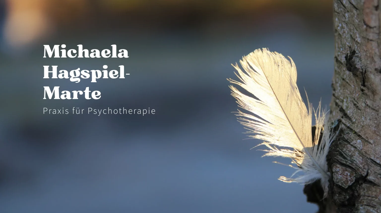 Michaela Hagspiel-Marte. Psychotherapie-Marte. Homepage Landing-Bild. Es zeigt das Praxis-Logo und eine weiße Feder im Licht